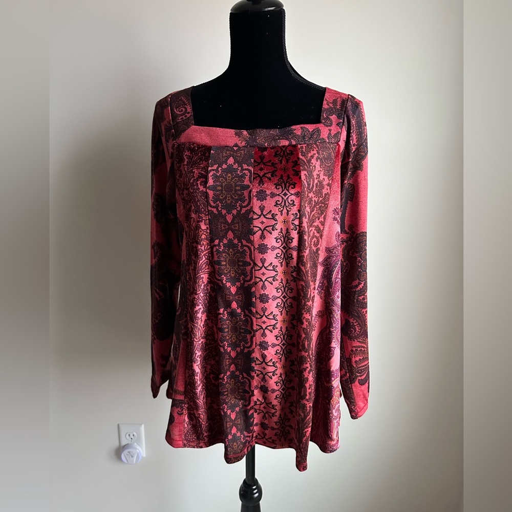 Women’s One World Red Velour Long Sleeve Top